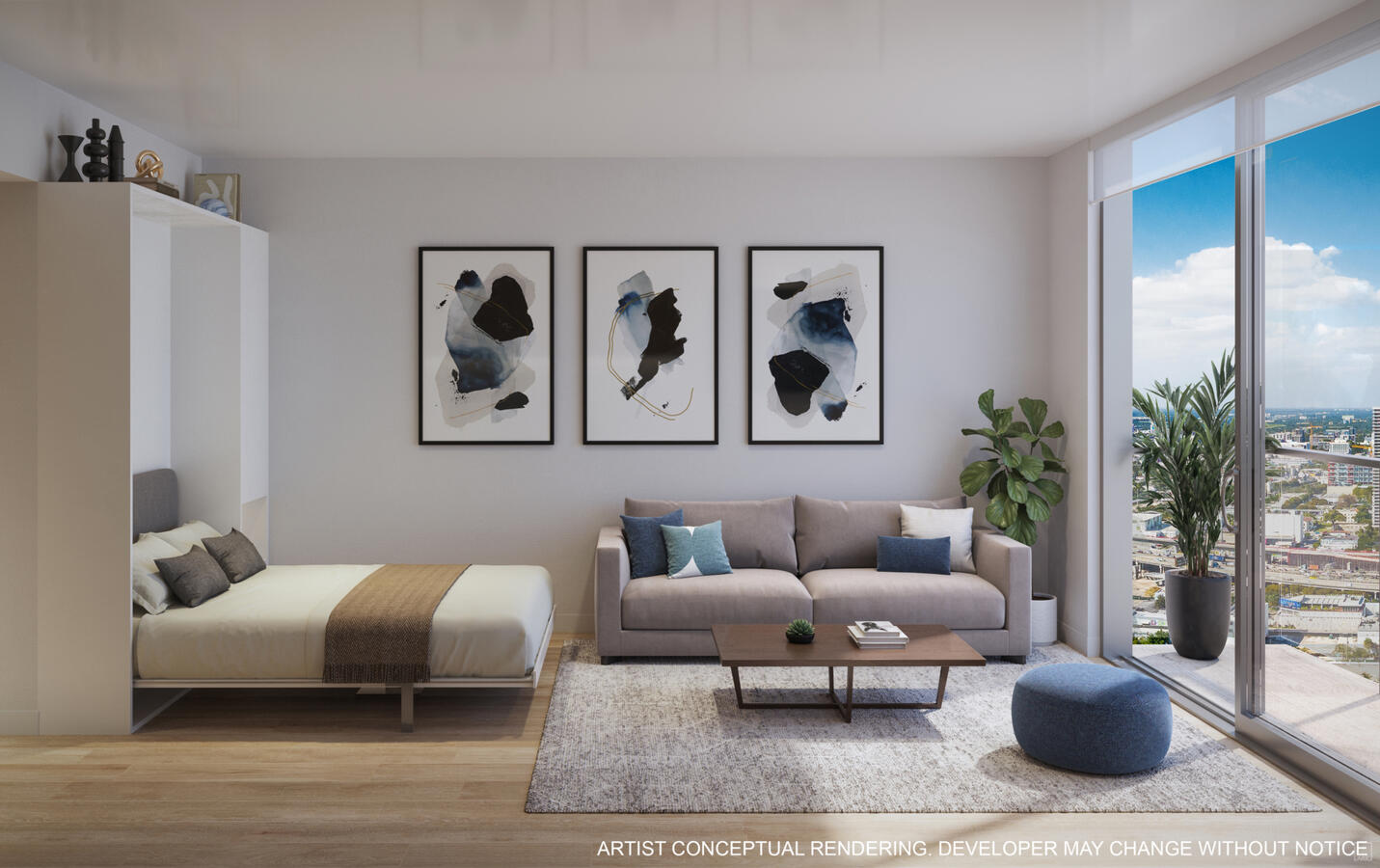 Floor to ceiling glass windows with custom window treatment